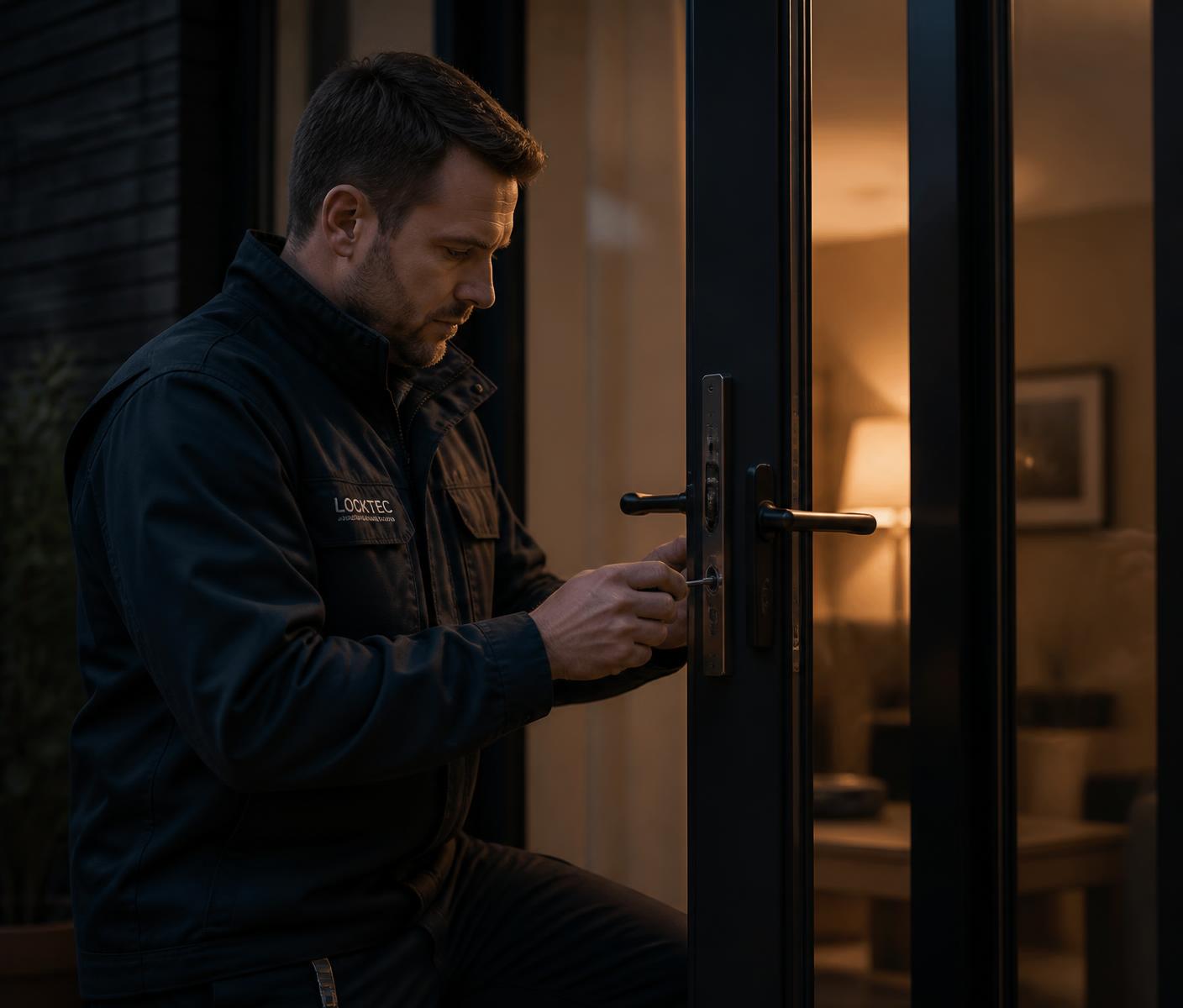 FENIX engineer repairing a patio door lock